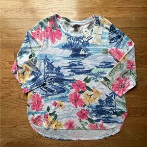 Tommy Bahama Ashby Waikiki Waves Vin Rose Floral Print 3/4 Sleeve Top